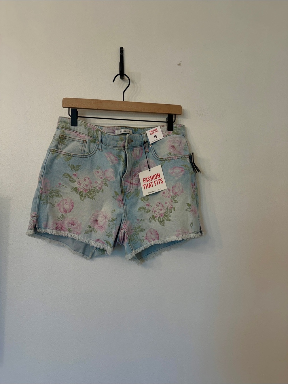 Celebrity Pink Light Blue Denim Shorts with Pink Floral Print
